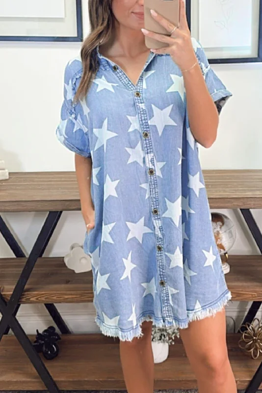 Polyester mini dresses for easy care Sky Blue Stars Frayed Hem Collared Short Sleeve Denim Dress