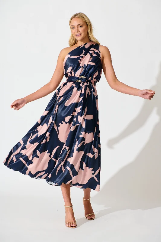 Midi dresses with sheer panels for a touch of allure Bernadette One Shoulder Midi Dress in Navy with Mocha Satin