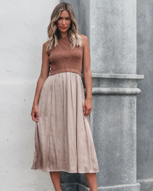 Zip - Front Casual Dresses for Easy On and Off​ Sleeveless Half Sweater and Satin Skirt Midi Dress - Mocha