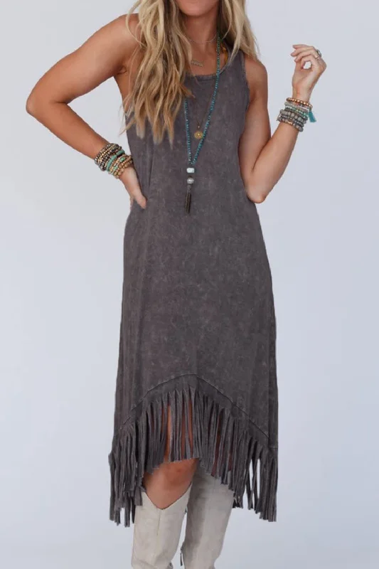 Everyday Denim Dress with Distressed Details​ Tassel Round Neck Sleeveless Midi Dress