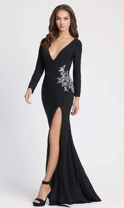 V - neck organza wedding dresses for a romantic touch​ One - shoulder wedding guest dresses with beaded details Ieena Duggal - 41016 Long Sleeve Beaded High Slit Dress