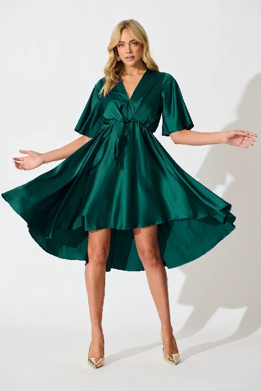 Midi dresses with pleated skirts for a timeless and elegant appeal Helsinki Dress In Emerald Green Satin