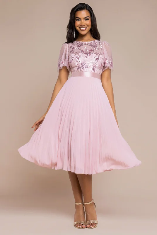 Midi dresses with keyhole backs for a flirty and unexpected detail Goddiva Embroidered Top Chiffon Pleated Midi - Blush Pink Midi dresses with keyhole backs for a flirty and unexpected detail Goddiva Embroidered Top Chiffon Pleated Midi - Blush Pink