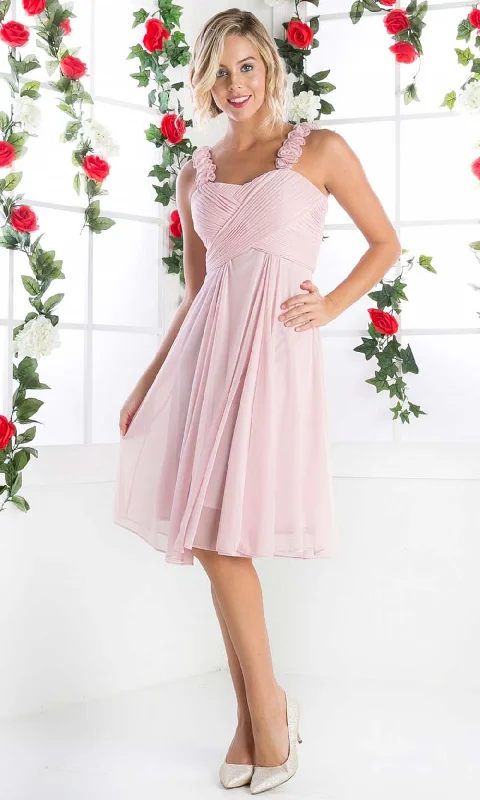 Wedding dresses with a sweetheart - neck and a corseted back​ Wedding guest dresses with gathered skirts and V - necklines Cinderella Divine - 3801 Floral Strap Empire Waist A-Line Short Dress