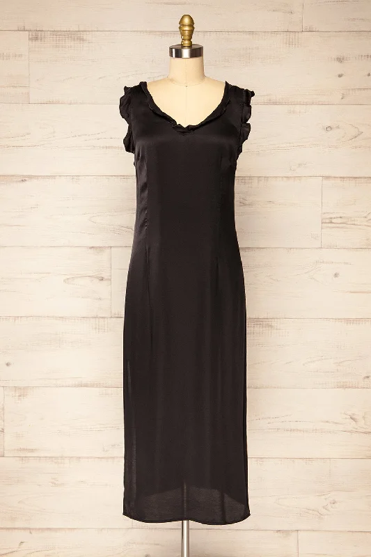 Cotton mini dresses for a comfortable everyday option Drumburgh | Midi Black Dress w/ Ruffles