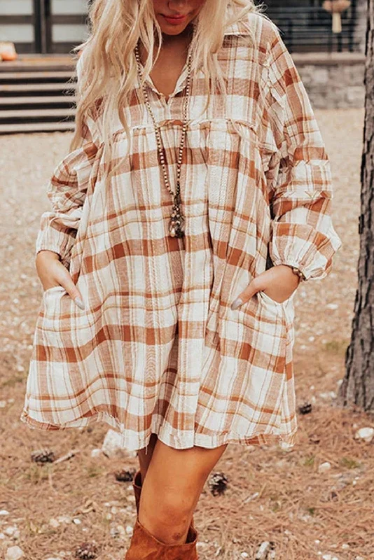 Mini dresses with puff sleeves for a vintage look Brown Plaid Print Side Pockets Frilled Babydoll Mini Dress