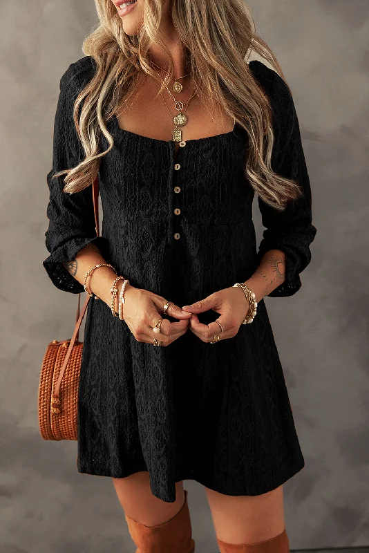 Mini dresses with V - necklines for a flattering shape Black Lace Crochet Buttoned Square Neck Shift Mini Dress