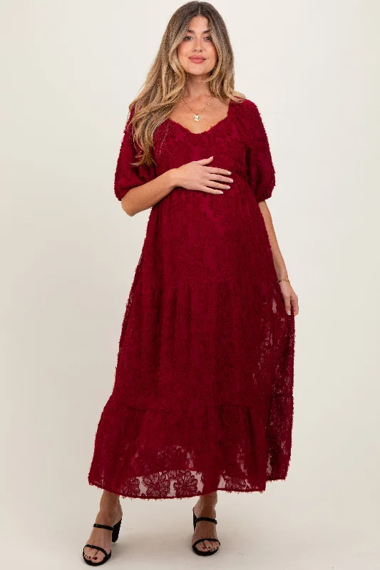 Maternity dress for a baby's first visit to the farm Burgundy Textured Tiered Maternity Midi Dress