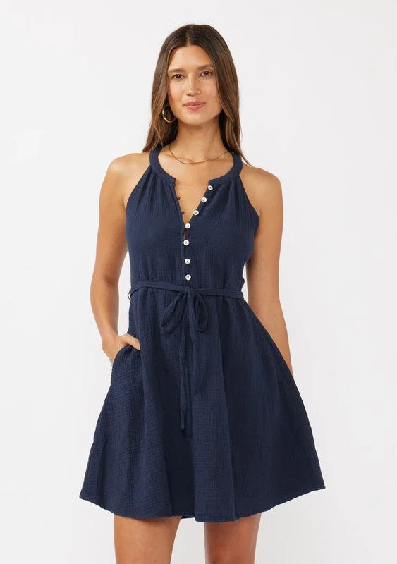 Layered Casual Dresses for a Stylish Ensemble​ Clara Sleeveless Waist Tie Gauze Mini Dress Navy