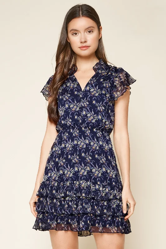 Leather mini dresses for a edgy style Barique Floral Print Ruffled Mini Dress