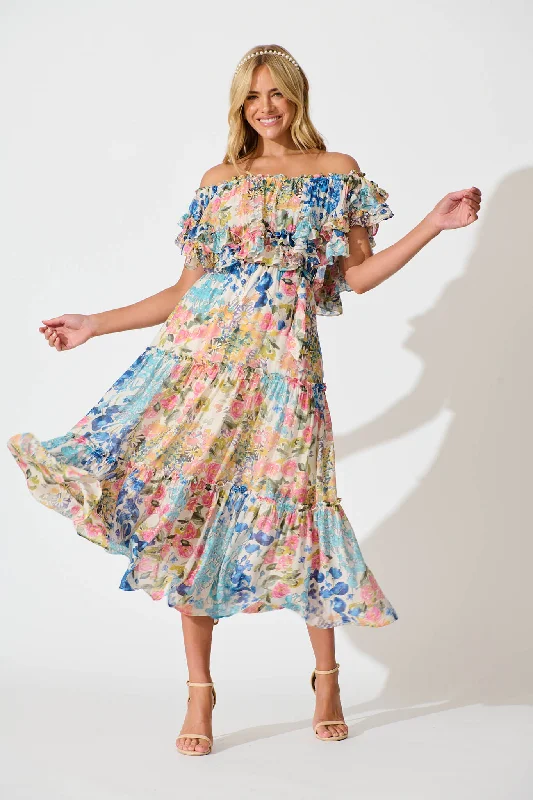 Maxi - inspired midi dresses with flowing fabrics for a beachy vibe Franc Midi Dress In Vintage Floral Print