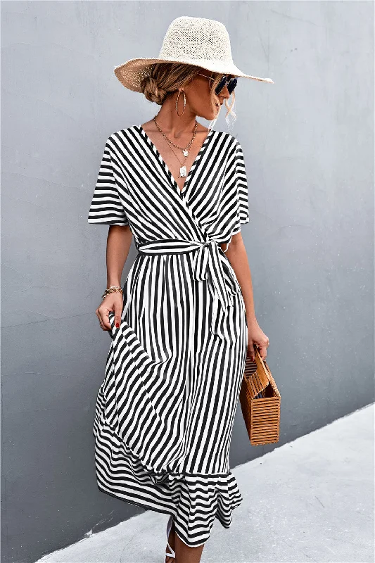  Striped Tie Belt Midi Dress