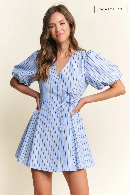 Petite - Sized Casual Dresses for Smaller Frames​ Waitlist 4/5 ♥︎ Dionne Short Puff Sleeve Stripe Print Wrap Mini Dress Blue