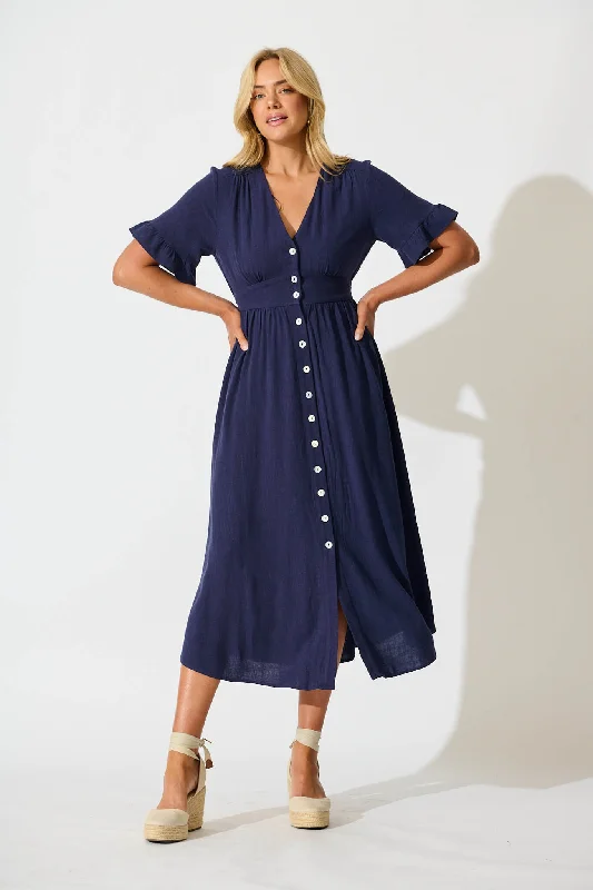 Everyday Dress with Ruched Sides for a Figure - hugging Look​ Daysia Midi Dress in Navy Linen Blend