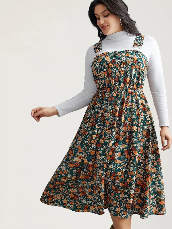  Ditsy Floral Adjustable Straps Elastic Waist Dress