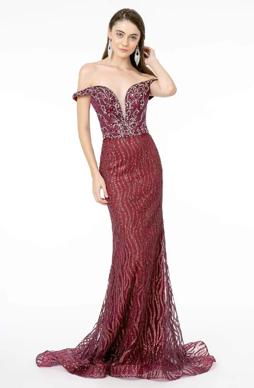 Silk wedding dresses with a smooth and luxurious feel​ Wedding guest dresses with cut - out details and midi lengths GLS by Gloria - GL1818 Plunging Off Shoulder Jeweled Mermaid Gown