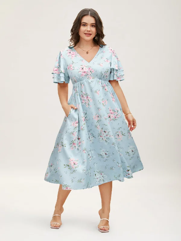 Everyday Sheath Dress in Wool for Winter​ Floral Elastic Waist Tiered Ruffle Sleeve Dress