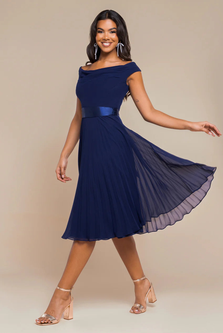 Midi dresses with V - necklines for a flattering and elongating effect Goddiva Cowl Neck Pleated A-Line Chiffon Midi Dress - Navy Blue Midi dresses with V - necklines for a flattering and elongating effect Goddiva Cowl Neck Pleated A-Line Chiffon Midi Dress - Navy Blue