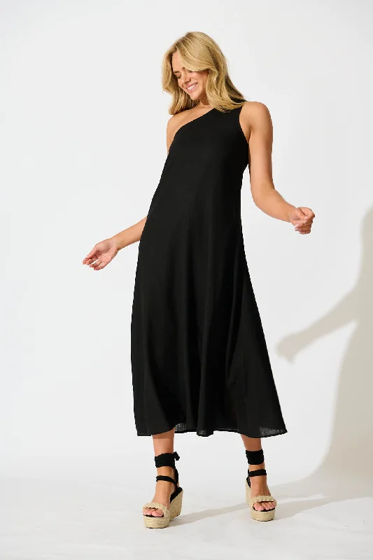 Everyday Sleeveless Dress with Scoop Neck for Summer​ Gloria Off Shoulder Maxi Dress in Black Linen Blend