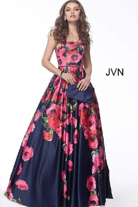 Sheath satin wedding dresses for a sleek appearance​ Midi wedding guest dresses in navy blue for a formal affair Jovani 67128 Long Floral Print Prom Dress