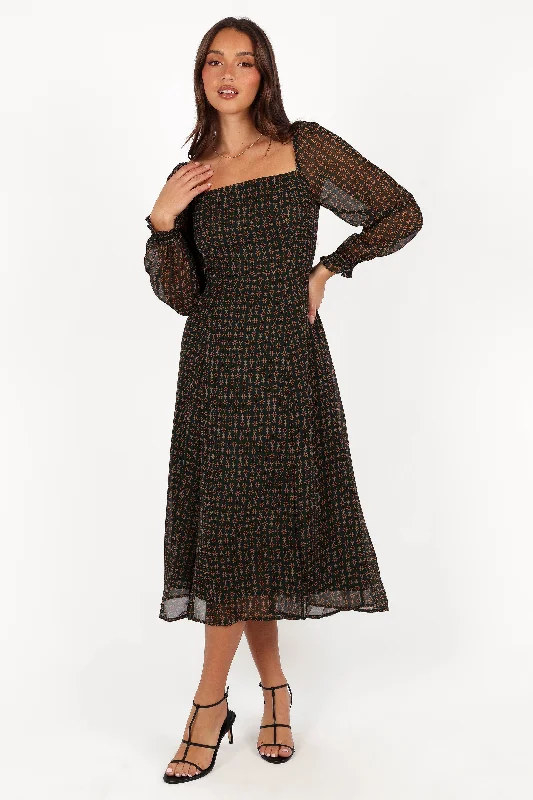 Midi dresses with pleated skirts for a timeless and elegant appeal Ettie Long Sleeve Midi Dress - Pine/Tan