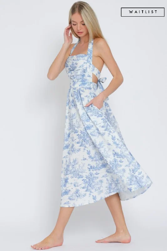 Pocket - Equipped Casual Dresses for Practicality​ Waitlist 4/15 ♥ Sloan Sleeveless Halter Back Tie Abstract Print Midi Dress Blue