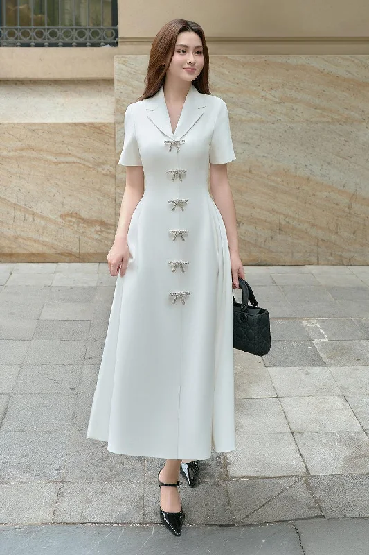 Plaid midi dresses for a fall - themed family gathering Whitebows A-line Notch Lapel Linen Cotton Midi Dress
