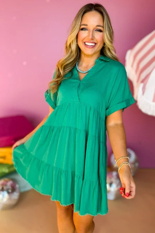 Mini dresses with high - low hems for a modern twist Green V Neck Collared Tiered Frayed Hem Short Sleeve Dress