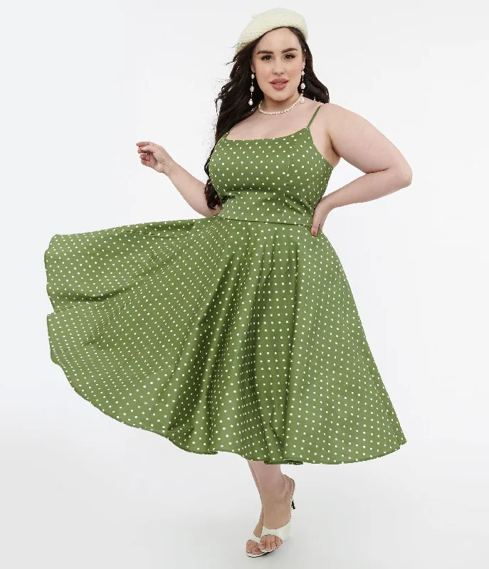 Everyday Dress with Matching Scarf for a Complete Look​ 1950s Olive Green & White Polka Dot Peggy Cotton Swing Dress