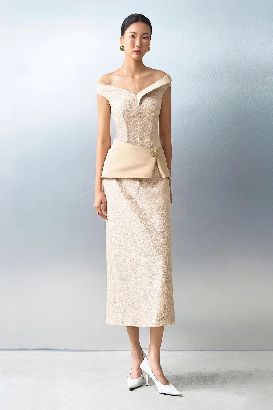 Midi dresses with button - down skirts for a unique and functional design Farah Sheath Off-Shoulder Lace Midi Dress