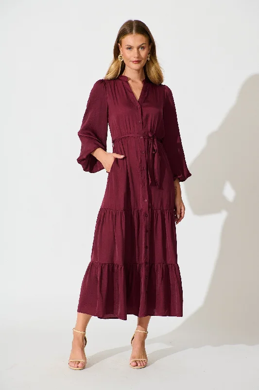Midi dresses with side slits for a sexy and elegant appearance Glimmer Midi Dress in Wine