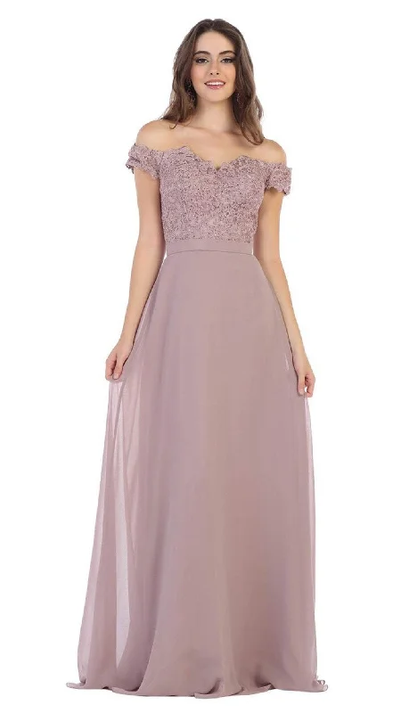 V - neck organza wedding dresses for a romantic touch​ One - shoulder wedding guest dresses with beaded details May Queen - MQ1601 Lace Appliqued Chiffon Off Shoulder Formal Gown
