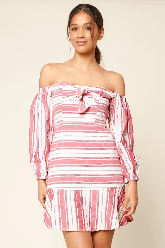 Mini dresses with beaded embellishments for a fancy event Persephone Off The Shoulder Striped Mini Dress