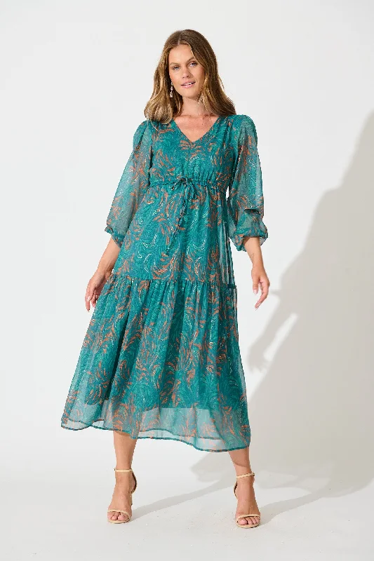 Midi dresses with abstract art prints for an artistic statement Fatal Attraction Midi Dress in Blue with Multi Print Chiffon