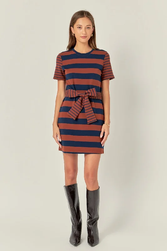 Feathered - Trimmed Casual Dresses for a Dramatic Look​ Contrast Stripe Knit Mini Dress - Final Sale
