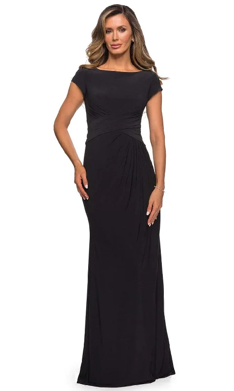 A - line chiffon wedding dresses for a classic look​ Sheath - style wedding guest dresses with lace overlays La Femme - 28026 Bateau Neck Cap Sleeve Sleek Jersey Long Dress