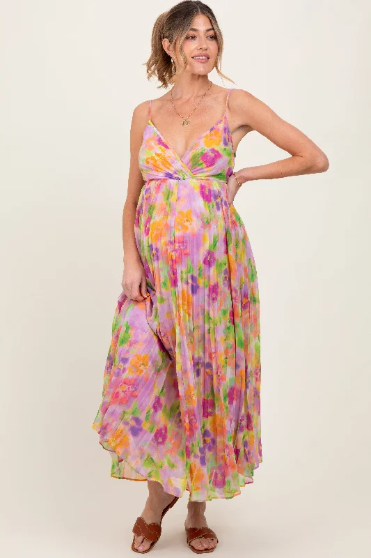 Maternity dress for a baby's first visit to the fair Lilac Floral Pleated Open Back Maternity Maxi Dress