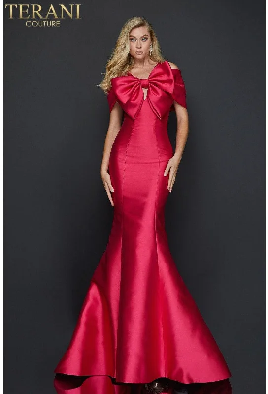One - shoulder wedding dresses with a flowing sleeve​ Polka - dot - printed wedding guest dresses with short sleeves Terani Couture 2012E2279 Long Formal Mermaid Gown
