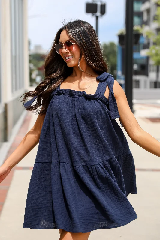 Mini dresses with spaghetti straps for a delicate look Precious Perspective Navy Linen Mini Dress