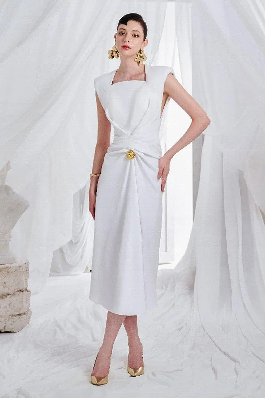 Midi dresses with ruffled hems for a romantic date night Moreno Sheath Queen Anne Neck Synthetic Midi Dress