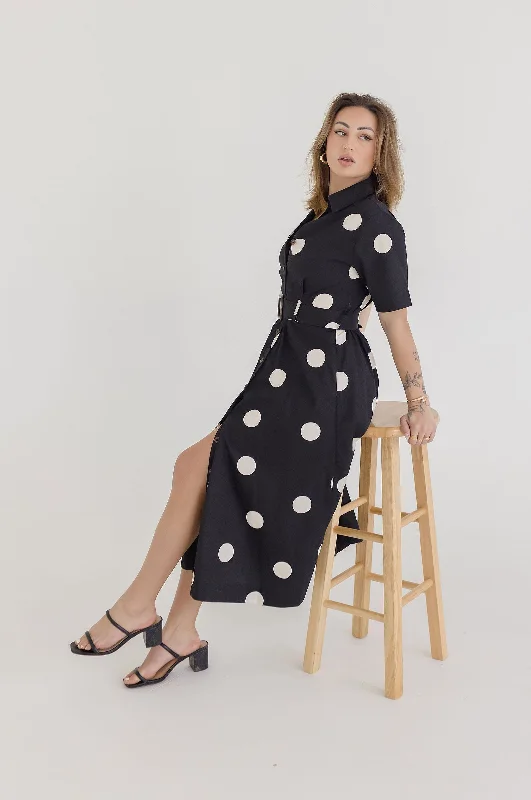 Sleeveless Casual Dresses for Warm Weather​ Dani Short Sleeve Belted Polka Dot Print Midi Dress Black