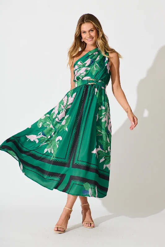 Midi dresses with wrap - around skirts for a customizable fit Bernadette One Shoulder Midi Dress In Emerald Print Satin