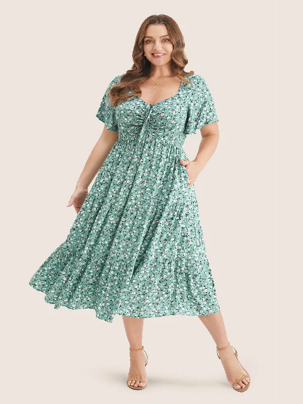 Everyday Dress with Personalized Embroidery for a One - of - a - Kind Look​ Ditsy Floral Drawstring Ruched Pocket Ruffle Tiered Dress