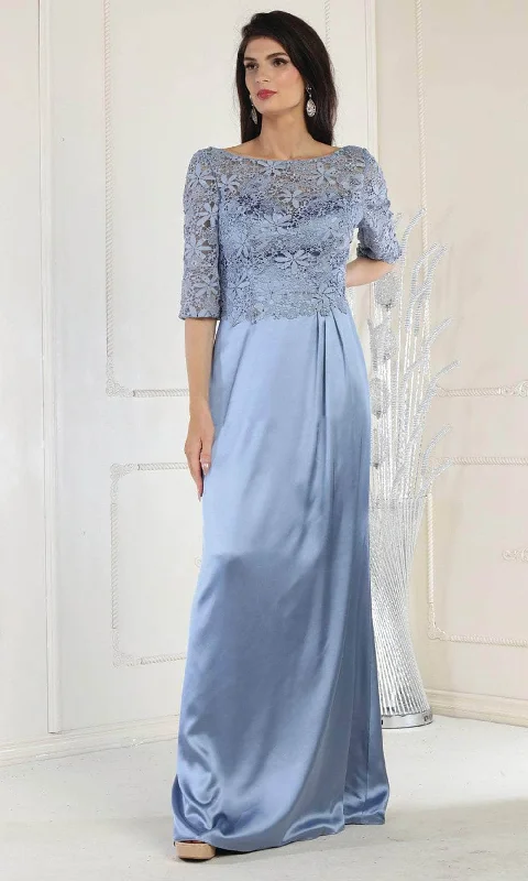 Tea - length wedding dresses with a vintage charm​ Wedding guest dresses with high - low hems and floral appliques May Queen MQ1969 - Quarter Length Lace Satin Gown