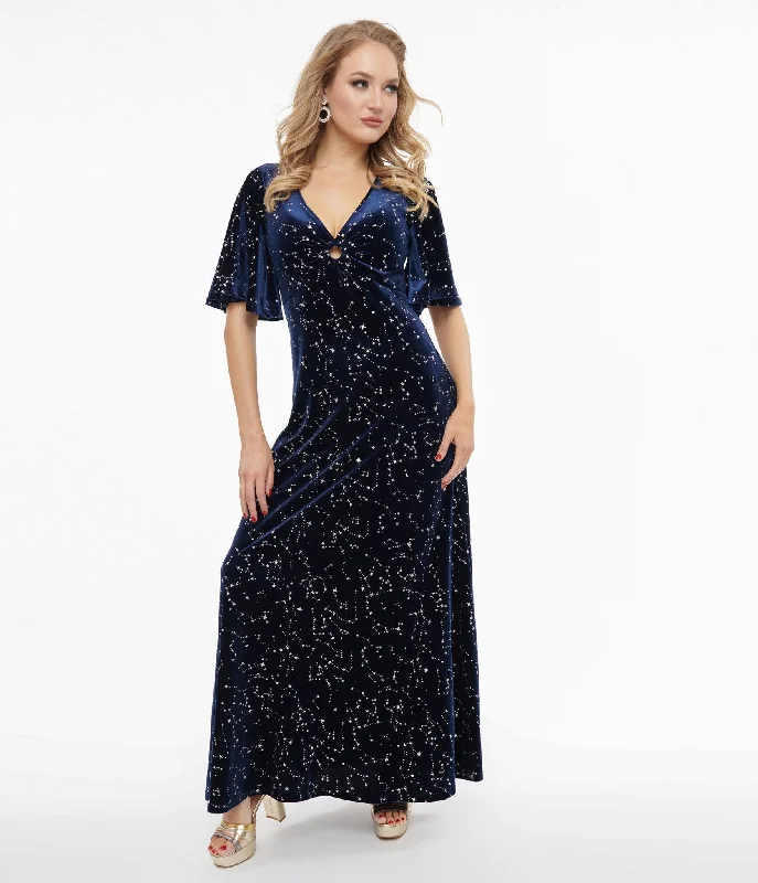 Everyday Dress with Anti - allergenic Material for Sensitive Skin​ Smak Parlour 1970s Blue Velvet Silver Stars Cutout Maxi Dress