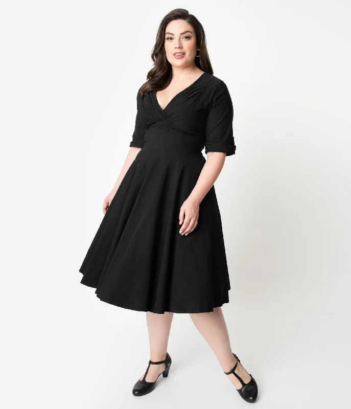  Unique Vintage Plus Size Black Delores Swing Dress with Sleeves