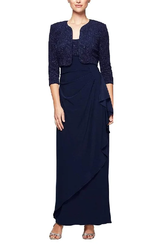 Plus - size wedding dresses with a flattering fit​ Wedding guest dresses with keyhole backs and flowing fabrics Alex Evenings - 125196 Square Neck Sheath Gown With Bolero Jacket
