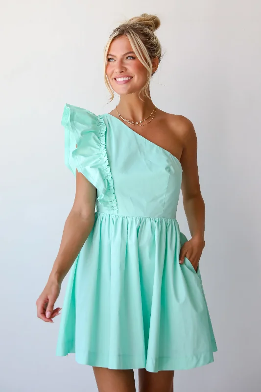 Mini dresses with ribbed textures for a unique appearance FINAL SALE - Charming Glamour Mint One-Shoulder Mini Dress