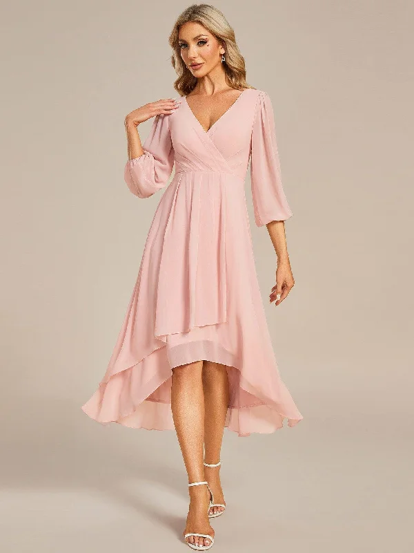 Wedding dresses with a detachable skirt for versatility​ Mini wedding guest dresses with glittery accents for a trendy look ever BRIAR|Long Sleeves Asymmetrical Hem A-Line Midi Bridesmaid Dress
