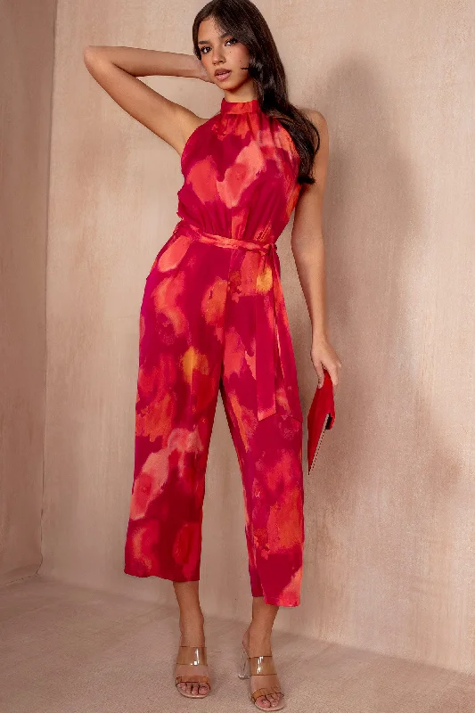 Midi dresses with V - necklines for a flattering and elongating effect AX Paris Winnie Pink and Orange Smudge Jumpsuit